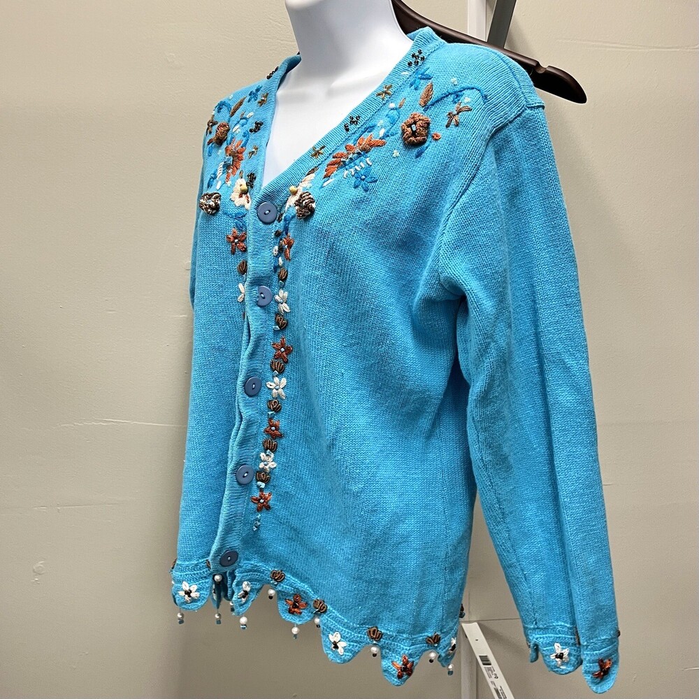 Storybook Knits Cardigan Sweater Womens M 3D Floral Pearl Sequin Scallop Hem